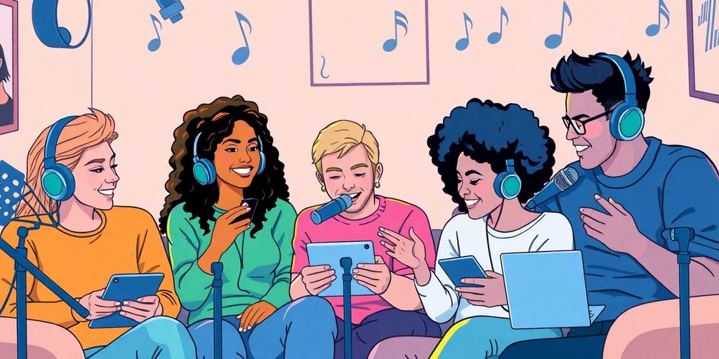 Diverse people enjoying podcasts with headphones and devices.