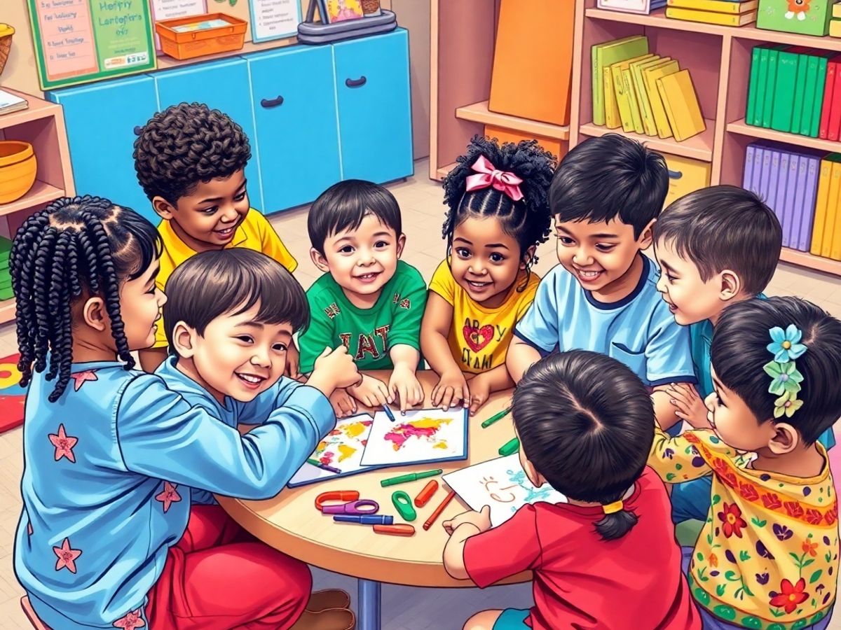 Grup de copii divers participând la activități colaborative.