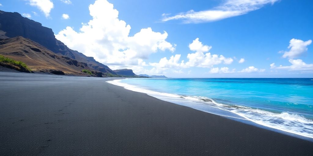 Dramatic black sand beach meeting turquoise Hawaiian waves.