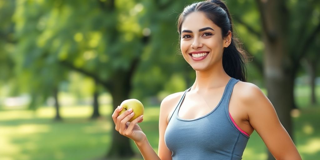 Woman smiling, holding apple, exercising outdoors.