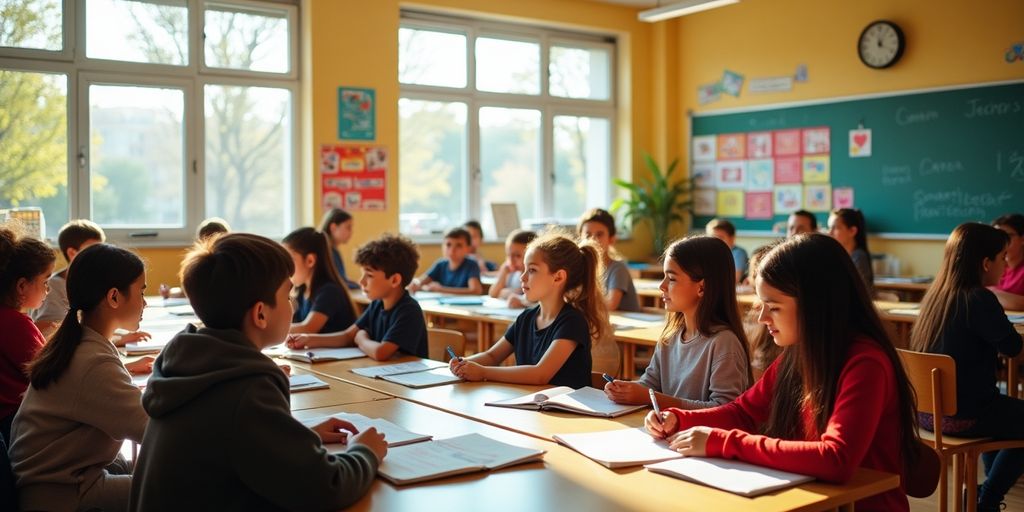 Ett klassrum i Spanien med studenter som lär sig.