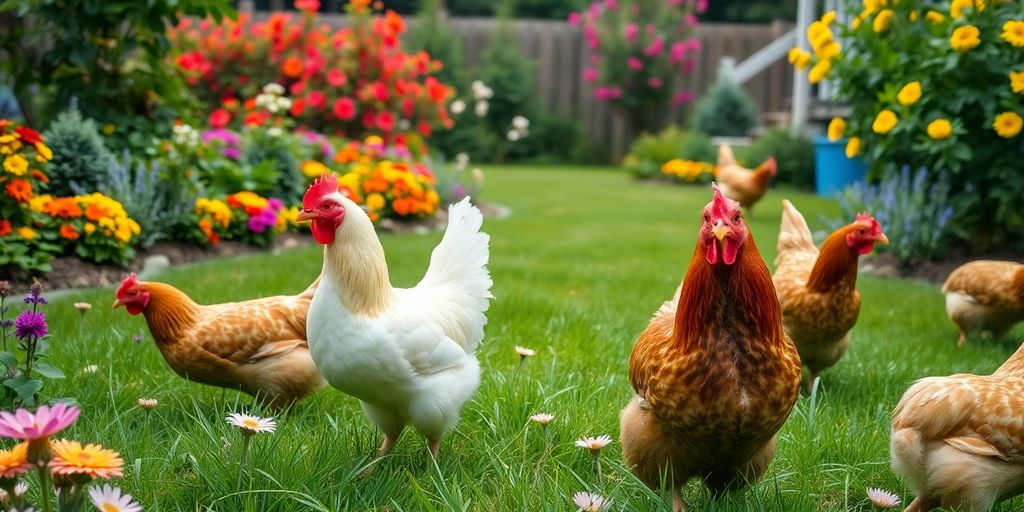 Free-range chickens foraging in a lush green yard.