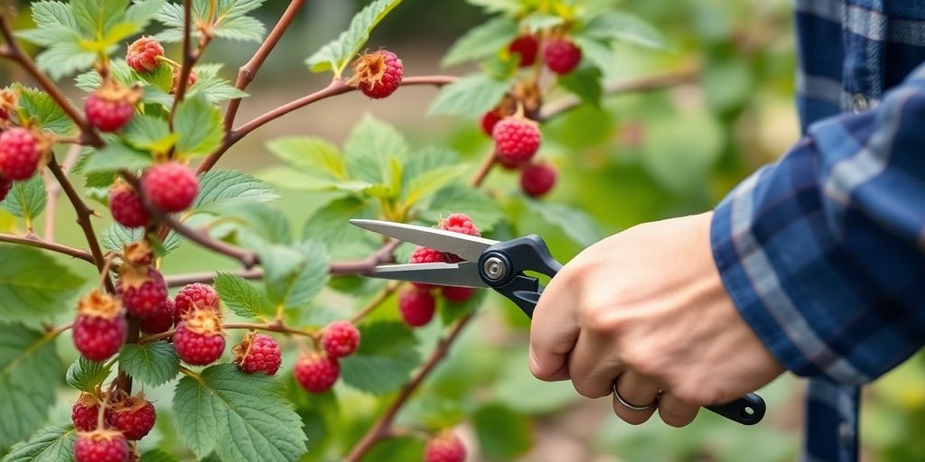 Himbeerruten werden im Garten beschnitten.