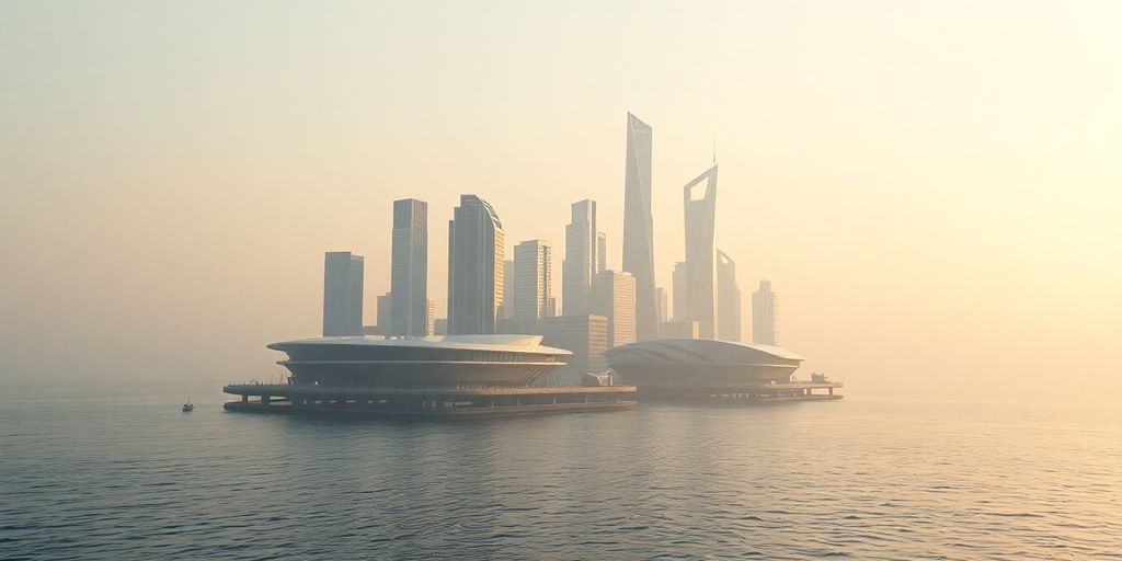 Villes flottantes futuristes sur l'eau face au changement climatique.