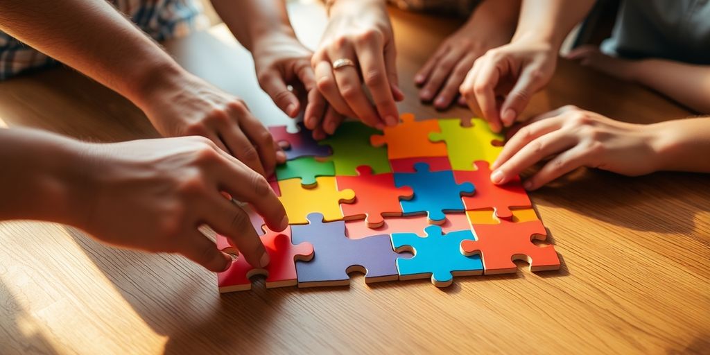 Hands connecting colorful puzzle pieces on wooden table under light