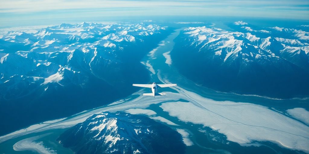 A small plane flies above snow-capped Alaskan mountain ranges.