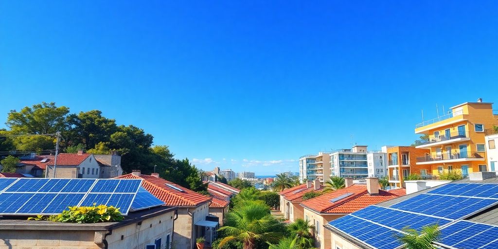 Solar panels on urban rooftops with clear blue sky.