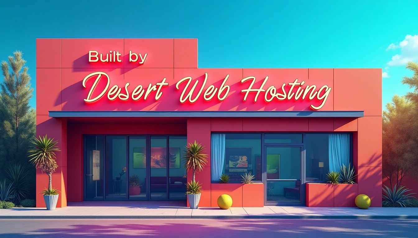 Storefront with neon sign for Desert Web Hosting.