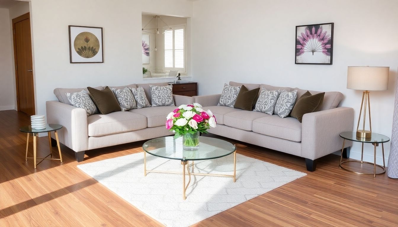 Stylish living room with wooden flooring and plush sofa.