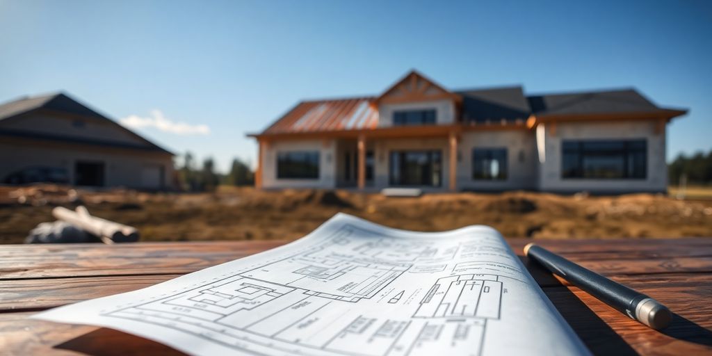 Architectural blueprint, modern house, construction site.