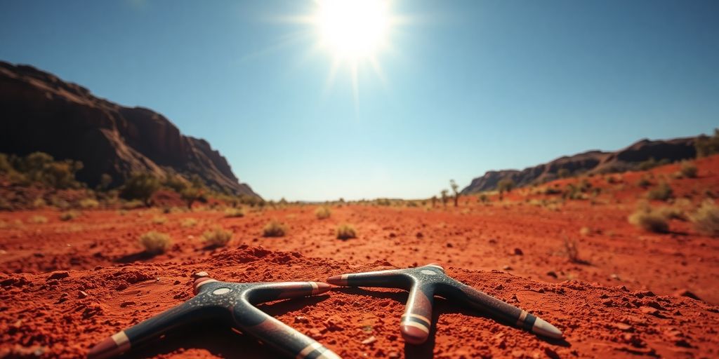 Aboriginal artwork, red earth, blue sky, boomerangs, eucalyptus trees, sunshine.