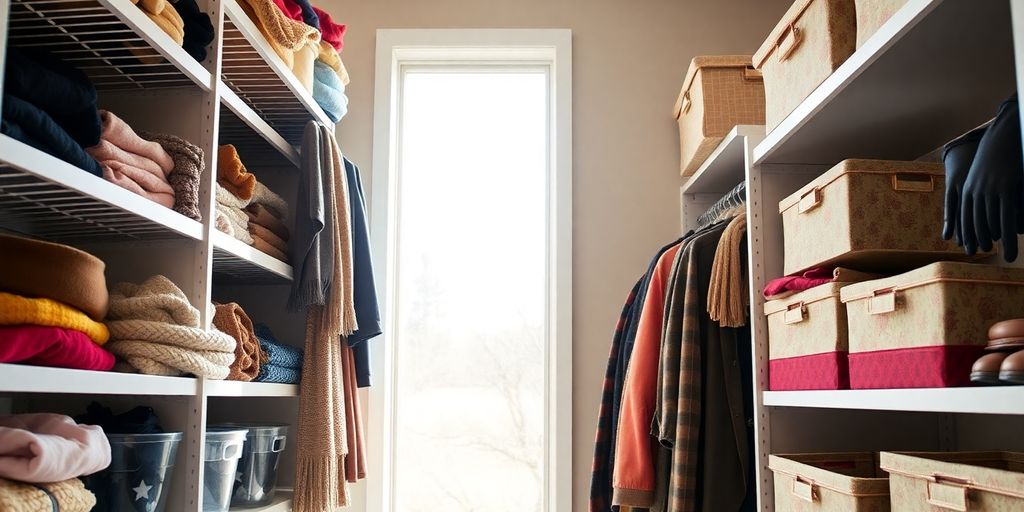 Organized closet with seasonal accessories in clear bins.