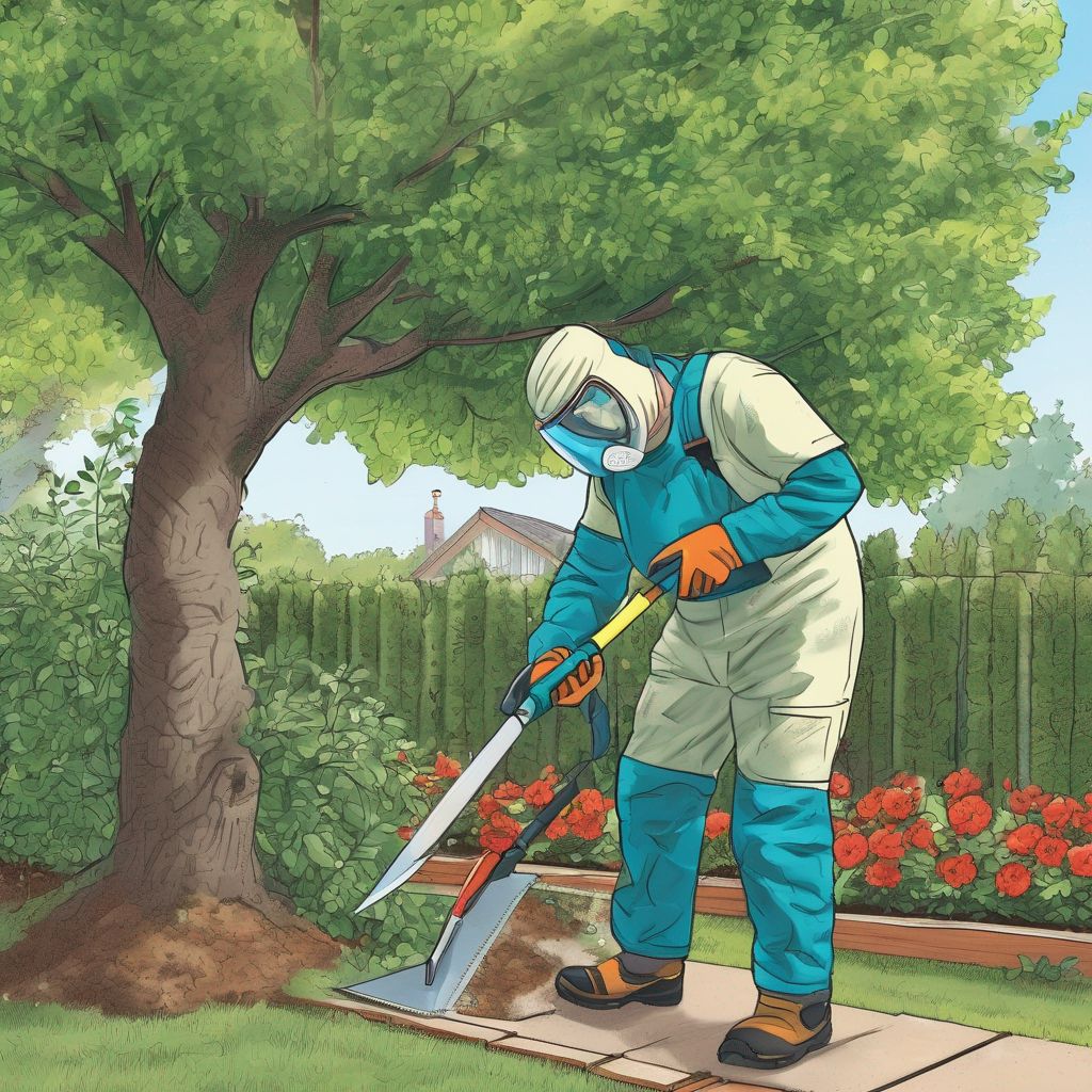 person trimming tree safely with protective gear in a garden