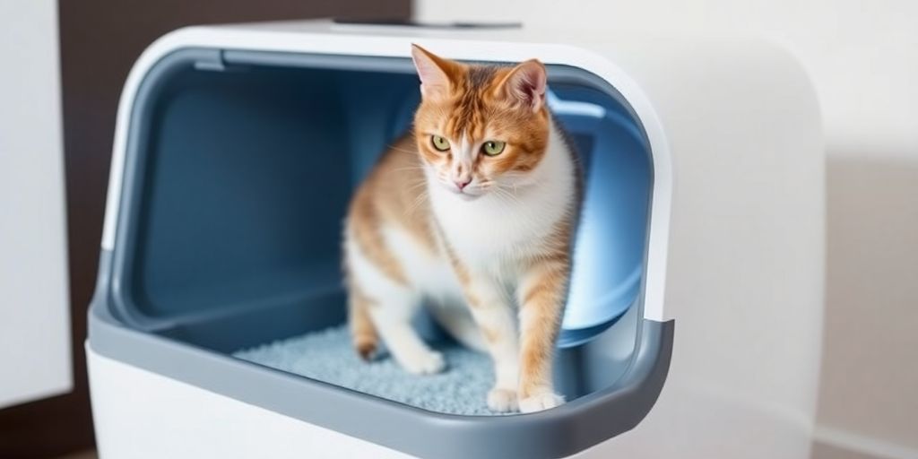 A clean, modern automatic litter box with a cat entering.