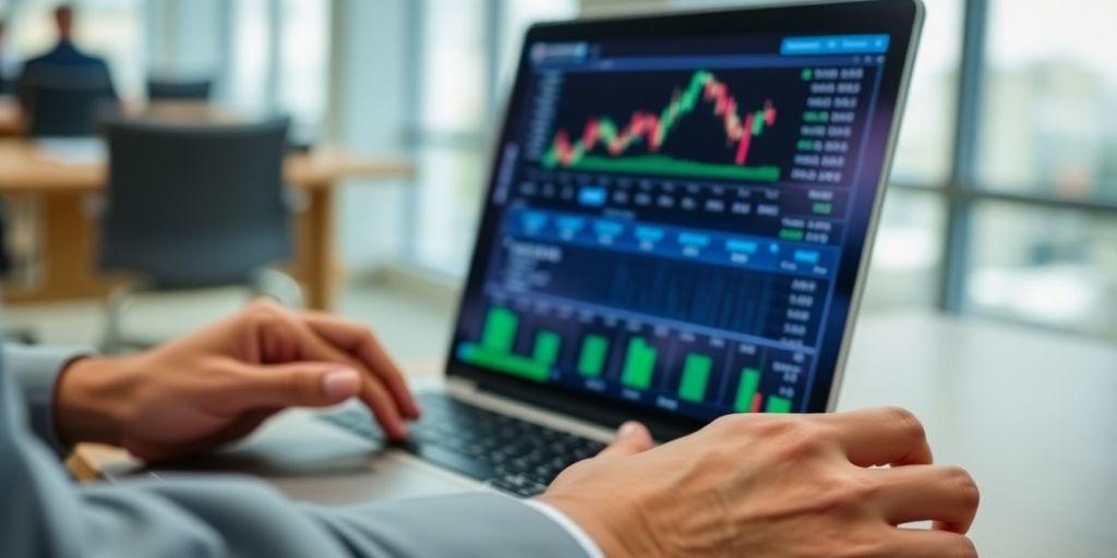 Trader's hands on a laptop analyzing options.