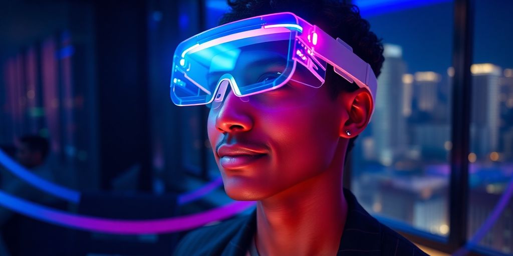 Person wearing AR glasses amid neon holographic lights in office