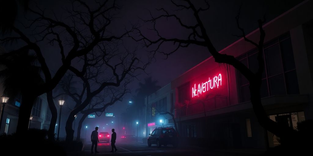 Spooky figures amidst fog, neon lights