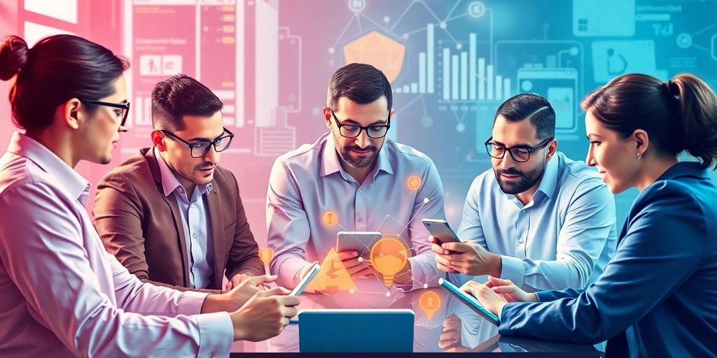 Professionals collaborating on blockchain and fintech innovations.