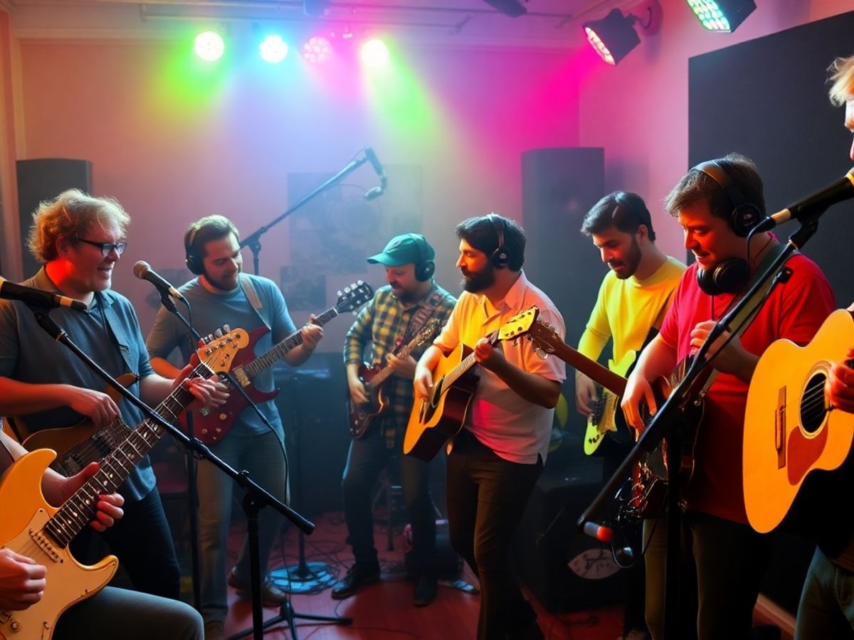 Musicians with instruments in a colorful studio setting.