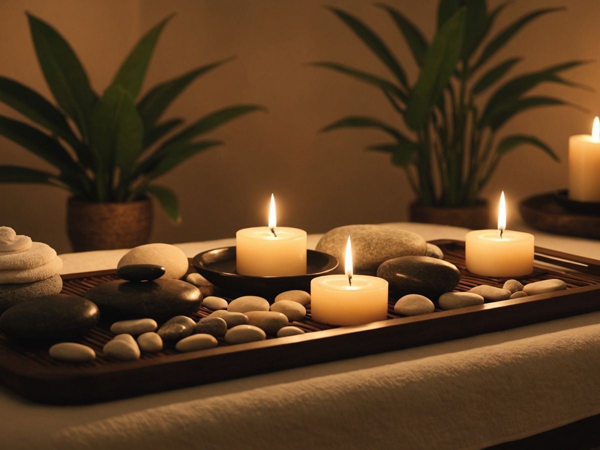 Serene spa setting with massage table and candles.