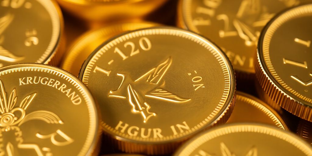 Des pièces Krugerrand dorées, certaines clairement millésimées.