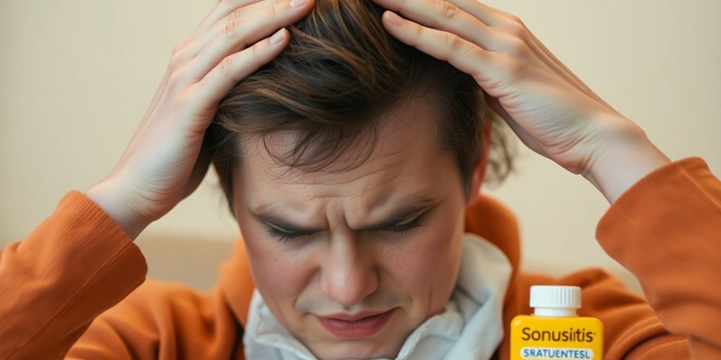 Person in discomfort with sinusitis, holding forehead.