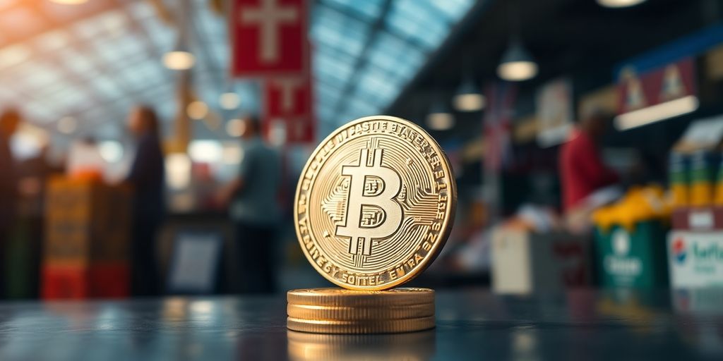 Bitcoin su un tavolo con un mercato sfocato sullo sfondo.