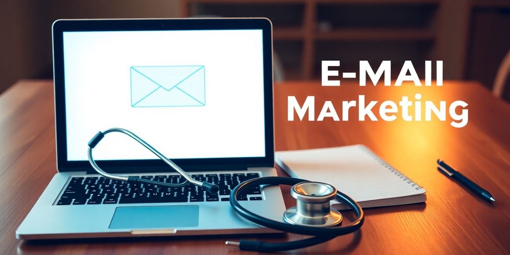 Imagem de um laptop com e-mail e um estetoscópio.