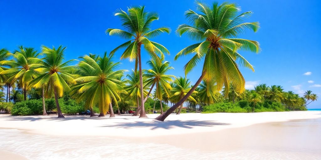 Vibrant tropical scenery with a beach and clear blue water.