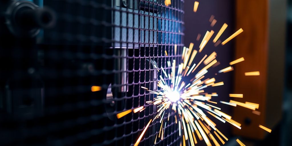 Mesh welding machine working with sparks and metal parts.