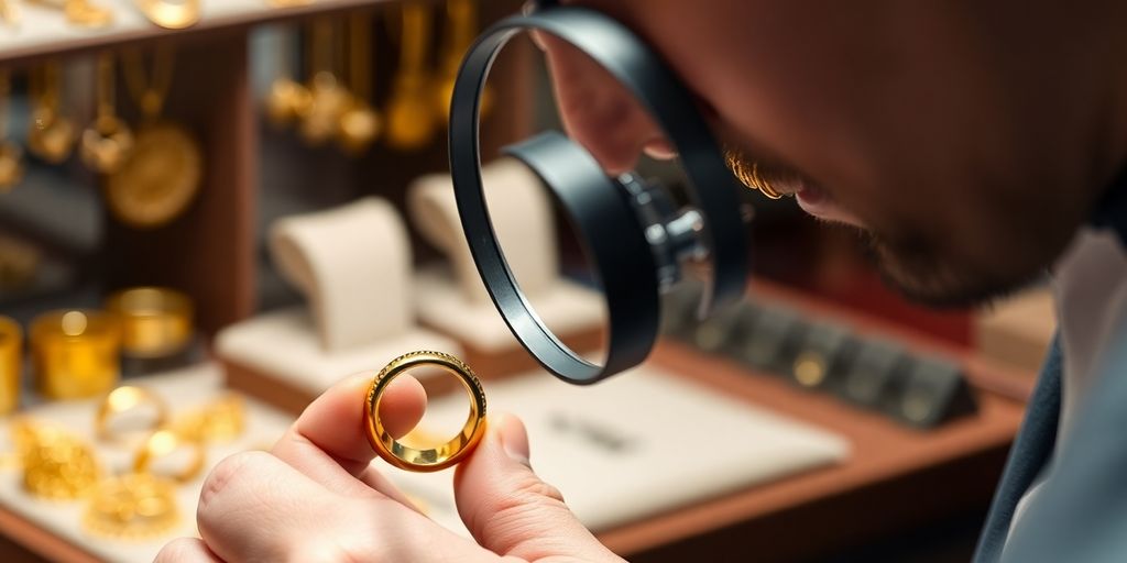 Bijoutier examinant une bague en or avec une loupe.