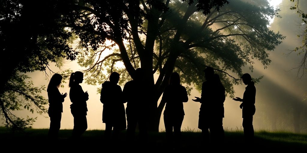 Silhouettes in prayer under soft morning light.