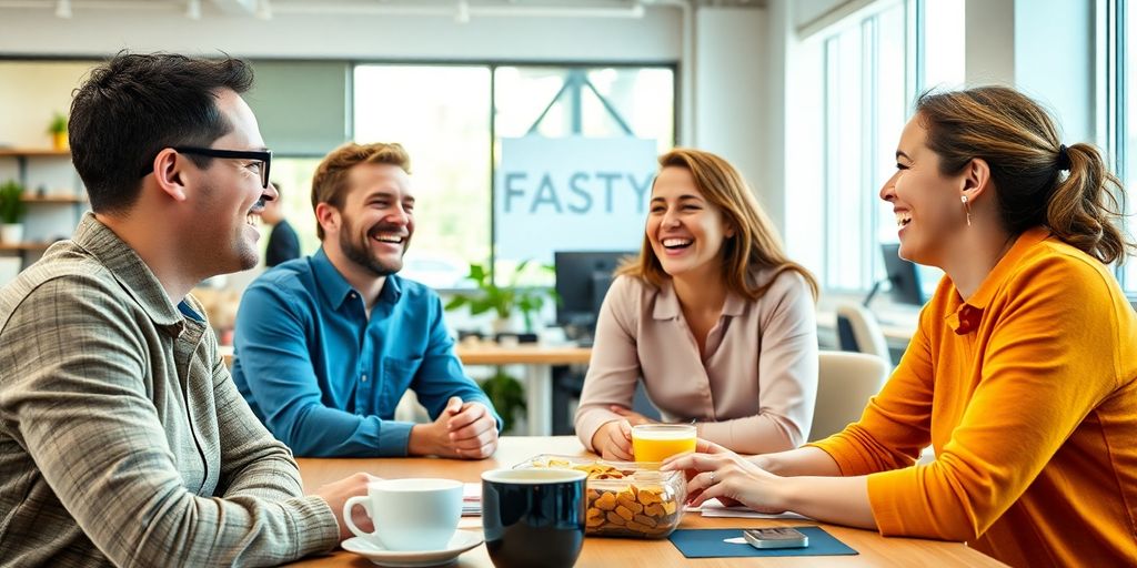 Colleagues laughing together in a bright office environment.