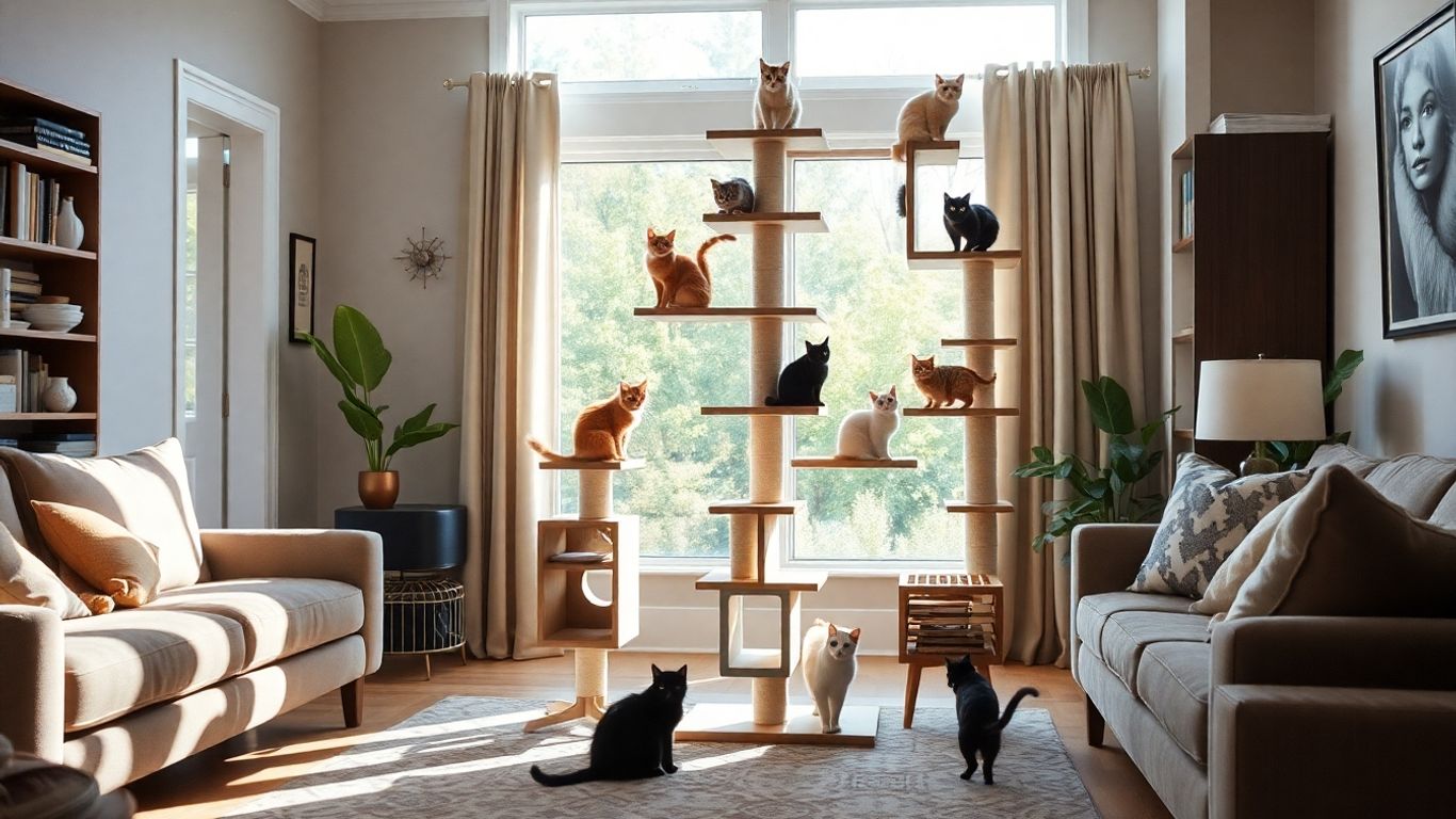 Cats relaxing and playing on a large modern cat tree.