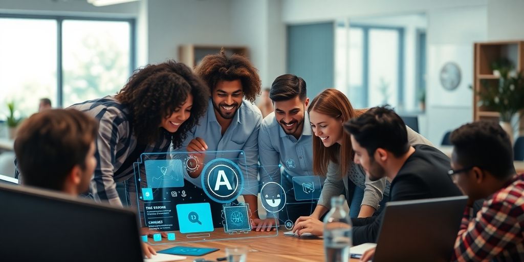 Team collaborating with technology in a modern workspace.