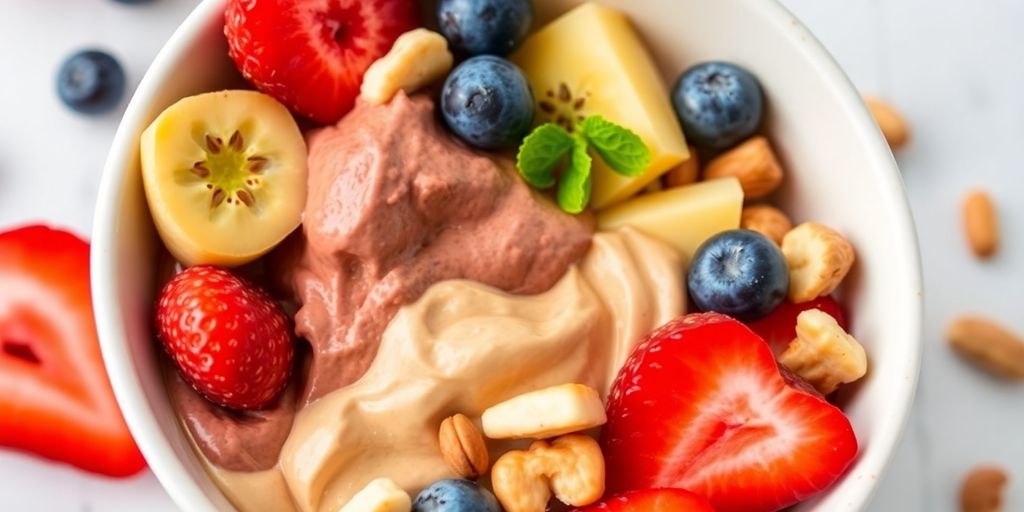 Bowl of Four Sigmatic Protein Powder with fruits and nuts.