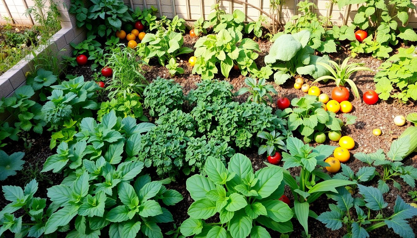 Colorful garden with vegetables, fruits, and herbs.