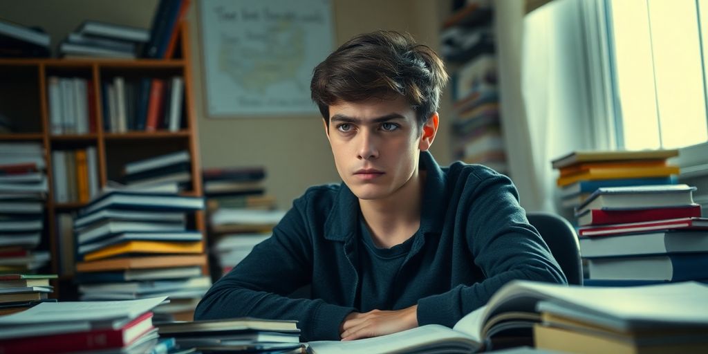 Stressed student surrounded by cluttered study materials.