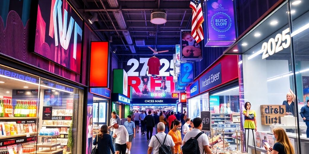 Vibrant retail scene with shoppers and innovative storefronts.