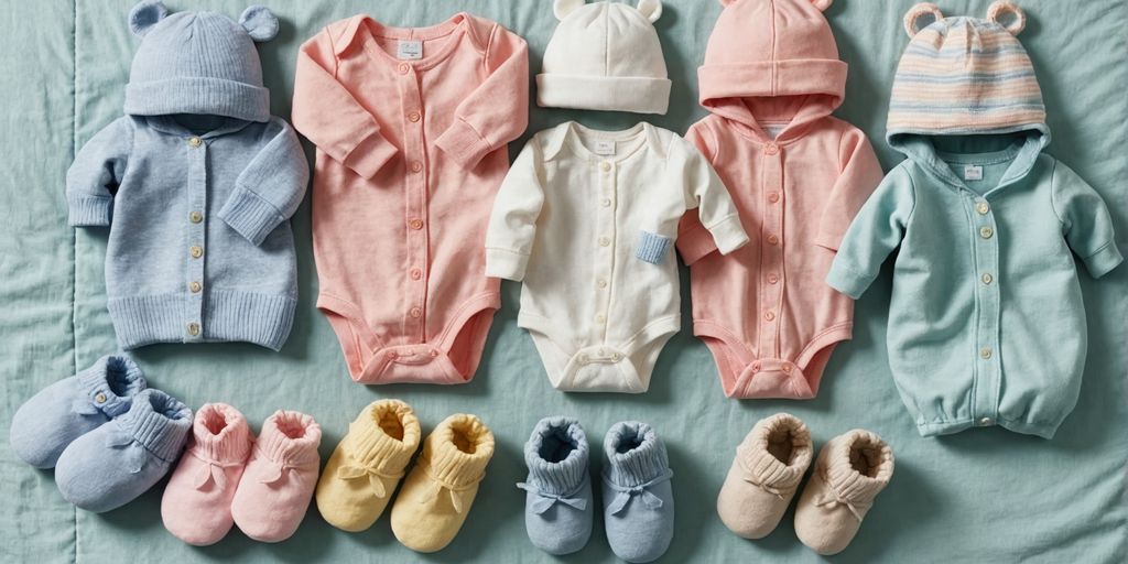 Baby clothing essentials on a pastel blanket