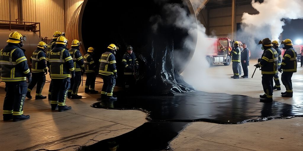 Secours en combinaison protégeant site industriel d’un déversement de goudron