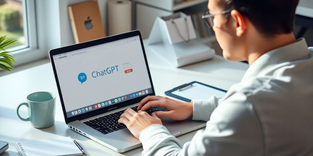 Person using ChatGPT on MacBook in a bright workspace.