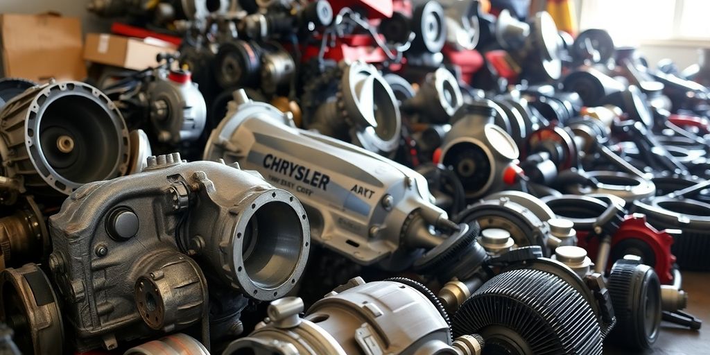 Chrysler car engine parts, clean and organized.