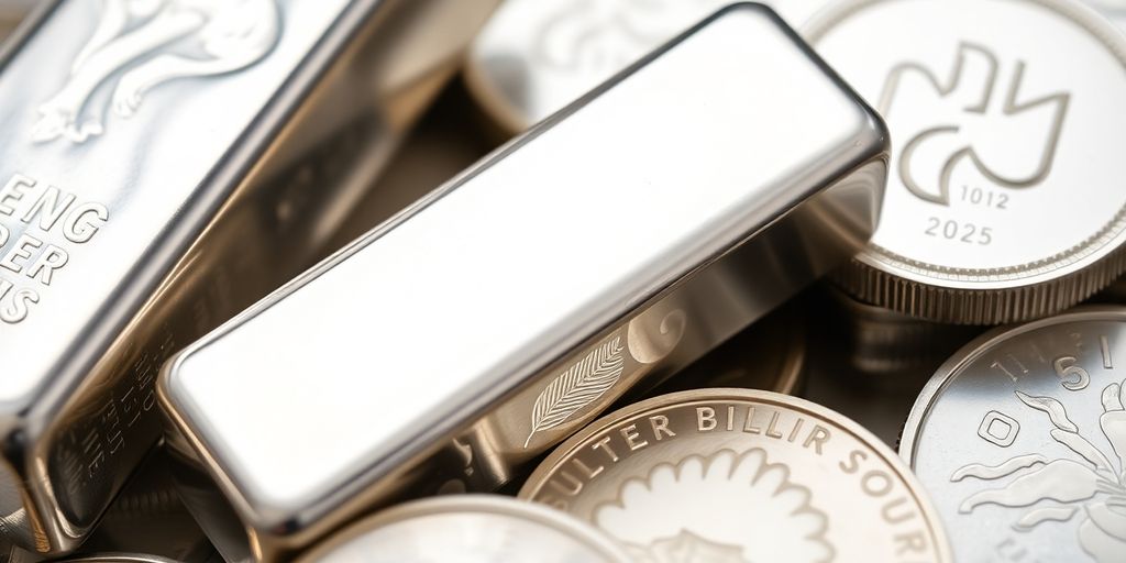Lingots et pièces d'argent brillants en gros plan.