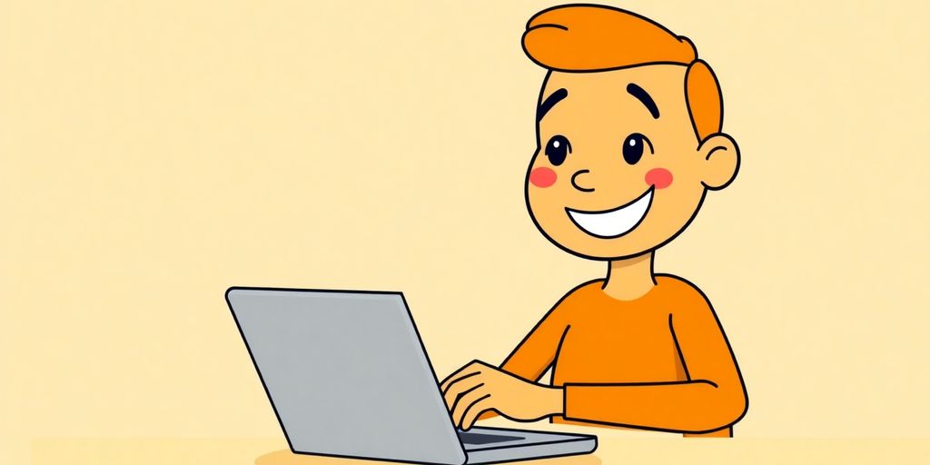 Cartoon person applying for emergency loans online, looking happy.