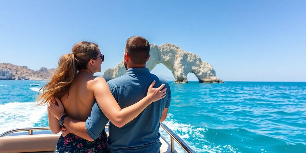 Couple on boat, Cabo arch background.