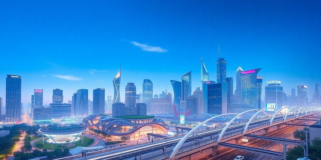 Futuristic city skyline with green spaces and vibrant life.