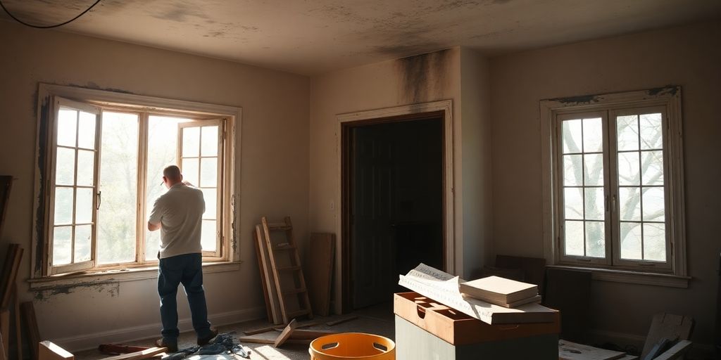 Home restoration after fire damage with workers in action.