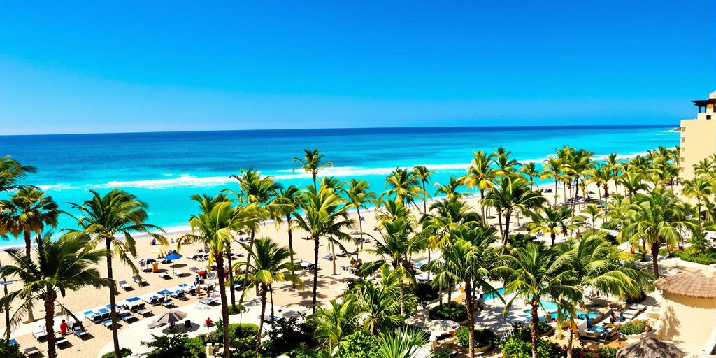 Hilton Los Cabos beach with lounge chairs and palm trees.