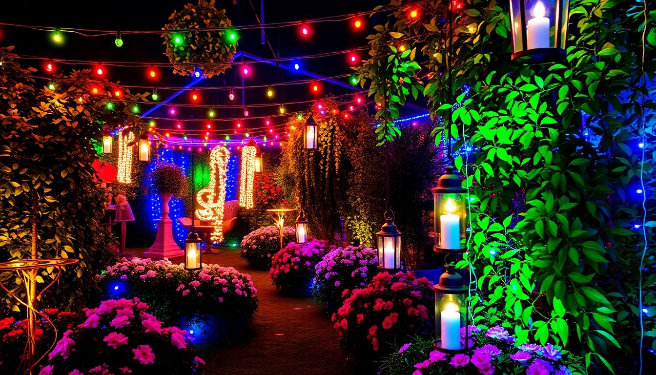 Colourful lights in a London garden at night.